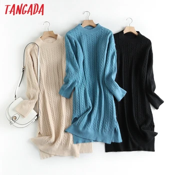 Tangada jeseň zimné móda ženy twist sveter šaty s dlhým rukávom voľné dámy midi pletené šaty vestidos 6D27
