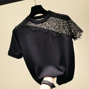 Shintimes Čipky Tričko Ženy Duté Von Čierne Pruhované Krátky Rukáv T Shirt Žena Šaty, Pletené 2020 Letné Topy Tee Tričko Femme
