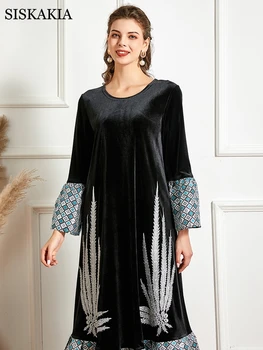 Siskakia Velvet Etnických Výšivky Maxi Šaty pre Ženy, Zimné 2020 Black Plus Veľkosť Full Rukáv Moslimských arabčina Turecko Oblečenie Nové