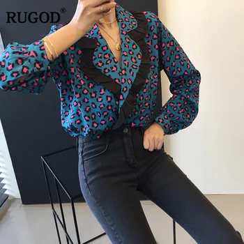 RUGOD Elegantné Leopard Tričko kórejský Módne oblečenie Žien, Blúzky Dlhý Rukáv Zase dole Golier Harajuku Tunika Streetwear Módy