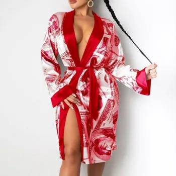 Ženy Sexy Satin Ženy Pás Nightgowns Bežné Nové oblečenie pre voľný čas Hlboký výstrih Šiat Elegantný Kvetinový Tlač Sleepcoat Split Party Šaty