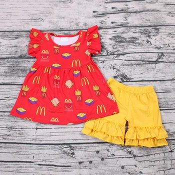 Deti oblečenie nastaviť batoľa dievča červená flutter rukáv top a žlté šortky 2 ks chlapec dievča letné oblečenie baby boutique oblečenie