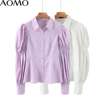 AOMO fahsion ženy retro fialová plodín blúzka lístkového dlhý rukáv 2020 nový príchod elegantné ženy biele tričko topy QB142A
