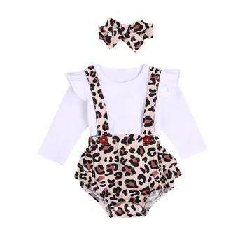 0-24M Novorodenca Dievčatá Chlapci Leopard Oblečenie Sady Volánikmi Dlhý Rukáv Pevné Romper+Náprsníkové Nohavice Šortky hlavový most 3ks