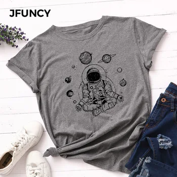 JFUNCY Lete Muž Ženy T-shirt Kreatívny Priestor Astronaut Tlač Topy Bavlna Unisex Tričko Plus Veľkosť Voľné Chlapec Dievča Tees