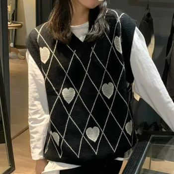 Štýlové Pletené Sveter Sveter Ženy kórejský v tvare Srdca Tlače Streetwear Knitwear Top Black White Argyle Voľné Bežné Kabát