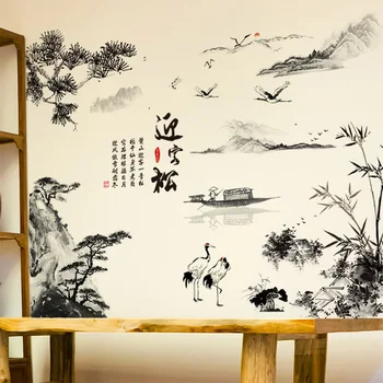 Čínsky Štýl, Atramentová Maľba Krajiny Samolepky na Stenu Borovice Loď Home Decor Art PVC Vinylové Tapety Bamboo Mountain Stenu