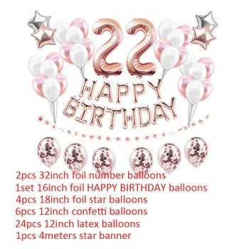 38pcs Číslo 22 Narodeninové Balóny 22. Happy Birthday 22 Rokov Dekorácie Rose Gold Ružová Strieborná Muž Žena Dodávky