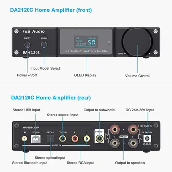 Fosi Audio DA2120C Bluetooth Zosilňovač 120W x2 Stereo HiFi 2.1 Kanálový Bezdrôtový Prúd Trieda D Mini Výkon Subwoofer, USB DAC AMP