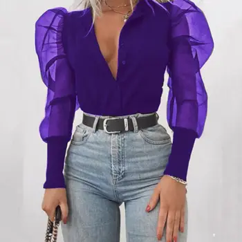 Móda Nové 2019 Žien tvaru Blúzky Tylu Prehrabať Dlho Lístkového Rukáv Tričko Pevné Lady Košele Všetky Zodpovedajúce Jeseň Ženy Topy