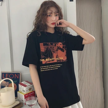 Móda grafické tees Ženy japonský vintage vytlačené T-shirt Krátkym rukávom O-Krku Harajuku kawaii bežné čierna veľkosť topy čaj