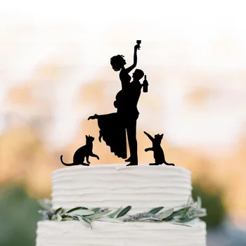 Zábavná Svadobná Torta vňaťou,Opitý Nevesta s dvoma mačky Tortu Vňaťou, Ženích a Nevesta Svadobné Siluetu tortu vňaťou