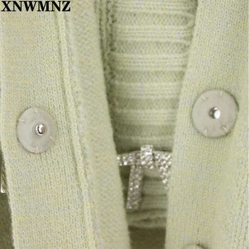 XNWMNZ Za ženy vintage Pletený sveter s drahokamu tlačidlá tvaru dlhý rukáv rebrované trim žena vrchné oblečenie móda elegantné topy