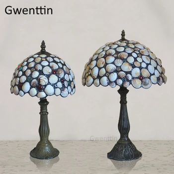 Stredomorská Tiffany Shell Stolové Lampy pre Obývacia Izba Posteli Odolnosť Skla Stolná Lampa Vintage Led Stojan Svietidlá Art Deco