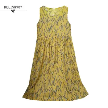 Mori Dievča Leta Ženy Nádrž Šaty O-krku Kvetinový Vytlačené Žltá Plážové Šaty Žena Vestidos De Festa Príležitostné Voľné Šaty
