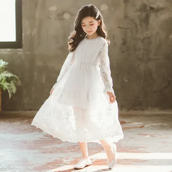 Šaty pre Dievčatá kórejský Jeseň Jeseň Čipky Dlhý Rukáv Detí Teen Biele Dievča Oblečenie Šaty 5 6 7 8 9 10 11 12 13 14 15 Rok