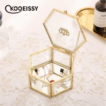 Vintage geometrický tvar, sklo box s vekom snubný prsteň box žena kozmetika, šperky úložný box Valentína darček pre ženu