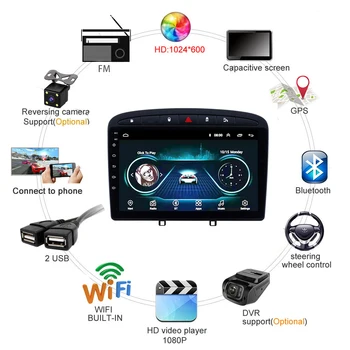 9 palcový Android Auto Multimediálny Prehrávač pre Peugeot 308 308SW 408 PRIEBEHU 2010-2016 stereo GPS navigácia Podpory BT, WIFI, FM