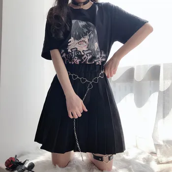 Gotický Japonské Anime Tlač Ženy Harajuku Tričko Bavlna Čiernej Hore Punk Vintage Dropshipping Šaty, Krátky Rukáv Y2K Streetwear