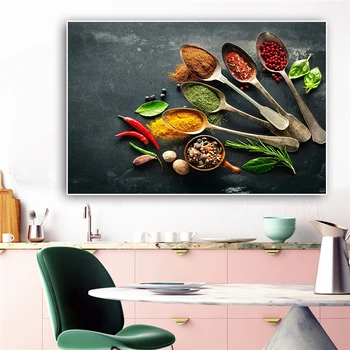 Kuchyňa Lyžice Zrniek Korenia Maliarske Plátno Zelené Rastliny Plagáty a Vytlačí Škandinávskych Wall Art Potravín Obrázok pre Izba Dekor