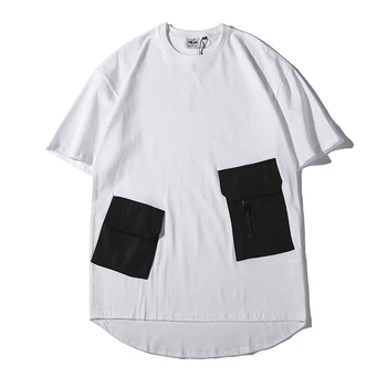 Noví ľudia, čierna biela šedá Rozšírené Zaoblené Hem Multi-vrecko Krátke rukáv tričko Lete Hip Hop Nadrozmerné Bavlna Muž Čaj, T Košele