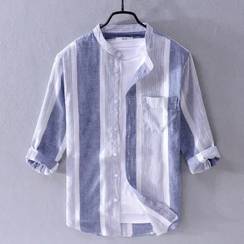 2019 Letné bavlnené a ľanové košele mužov značky pruhované tričká muži móda tri štvrtiny sleeve stand colalr tričko pre mužov camisa