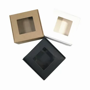 Biela/Hnedá/Čierna 8.5x8.5x3.5cm Kraft Papier Pack Box s Štvorcových Plastové Okno pre Remeslá Sušienky Darčeky Obal, Skladací Box