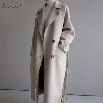 Zimné Béžová Elegantné Vlna Zmes Ženy Kórejský Módne Čierne Dlhé Kabáty Vintage Minimalistický Vlnené Kabát Camel Nadrozmerná Outwear
