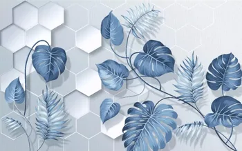 Trojrozmerný úľavu Nordic ručne maľované svetlo modrá malé čerstvé tropické rastliny listy pozadí na stenu