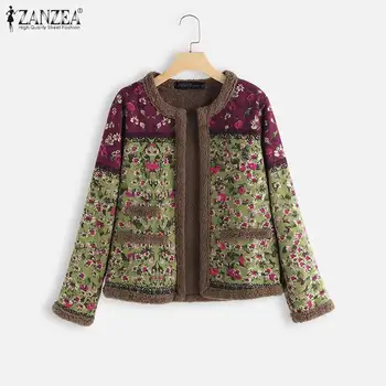 ZANZEA Zimné Ženy Plyšové Načechraný Coats Vintage Kvetinový Vytlačené Dlhý Rukáv Outwear Plus Veľkosť Otvoriť Predné Bundy Jeseň Chaqueta