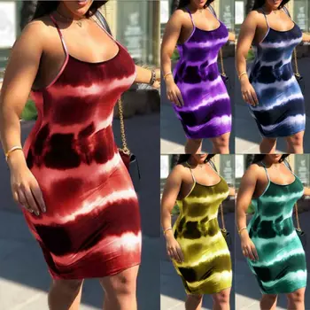 Špagety Popruh Kravatu-farbenie Tlač Sexy Bodycon Mini Šaty Žien Klubu Nosiť 2019 Módne Rainbow Strečové Šaty Obväz Streetwear