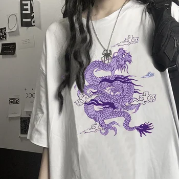 Fialová Drak Žena Bavlna Harajuku Dragon Kpop Ropa Mujer Topy Estetické Vintage Femme T-shirts kórejský Štýl Nadrozmerné t-shirt