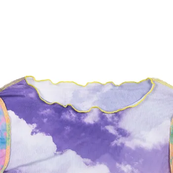 Blue Sky Cloud Print Oka T Shirt Ženy Plodín Top Transparentné Lete Sexy Tee Tričko