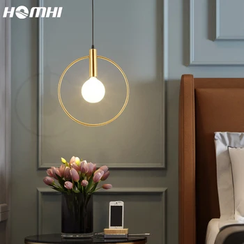 Zlato Lampa Prívesok Svetlá Hanglamp Loft Krúžok Okrúhle Svietidlo Zavesenie Spálne Posteli Nordic Dizajn Domov Deco Bar Obývacia Izba