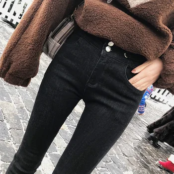 2019 MISHOW Jeseň zima príčinné štýl ženy tepelnej Ceruzkou nohavice vysoký pás chudá black plyšové džínsy MX18D2350