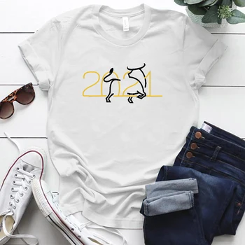 Čínsky Štýl 2021 Krava Tlač dámske Tričká Harajuku Krátky Rukáv Femme T-shirts Bežné Streetwear Nový Rok Darček pre Dámy