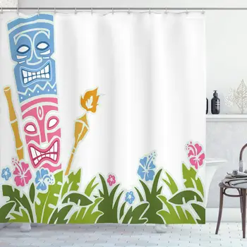 Tiki Bar Sprchový Záves Obklopený Čerstvé Živé Kvety Ibišteka Polynézskej Vytlačiť Handričkou Textílie Kúpeľňa Decor Set s Háčikmi