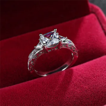 Luxusné Žena White Crystal Šperky Classic Strieborná Farba Zásnubný Prsteň Vintage Štvorcový Zirkón Kameň Snubné Prstene Pre Ženy