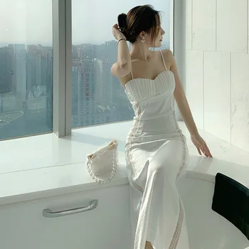 2021 nový príchod Satin Maxi Biely Sexy Šaty bez Rukávov Ženy Long Beach shell dizajnu Krajky patchwork Vestidos