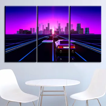 Maliarske plátno Rámec Domáce Dekorácie HD Tlač 3 Kus Steny Umenia Mesta Neon Ružová Retro Auto Vlna Cestnej Modulárny Obrázky umelecké Diela