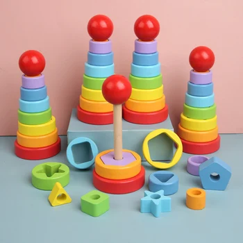 2020 Rainbow Waldorf Drevená Detská Hračka Montessori Rainbow Stavebné kamene, Drevo Hra Jenga Skoro Vzdelávacie Hračka pre Dieťa, Chlapec, Dievča