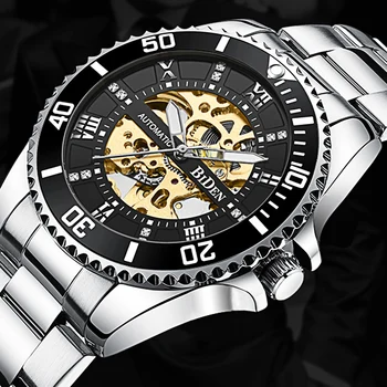 BIDEN Luxusné Muži Mechanické Hodinky Kostra Automatickom vietor náramkové hodinky z Nerezovej Ocele Šport Muž Hodiny relogio masculino