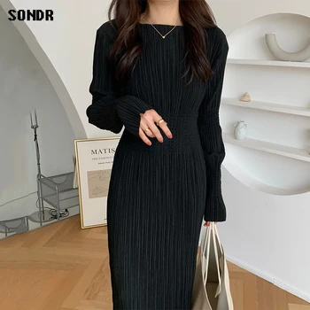 Kórejský Jeden Kus Elegantné Šaty 2020 Jar Jeseň Ročníka Jednoduché Šaty O Krk Skladaný Taška Hip Dlhý Rukáv Šaty Čierne Dlhé Šaty
