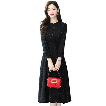 Jeseň Kórejský Čierna Bodka Šifón Pláži Midi Šaty 2021 Vintage Plus Veľkosť Dlhý Rukáv Šaty Elegantné Ženy Bodycon Strany Vestidos