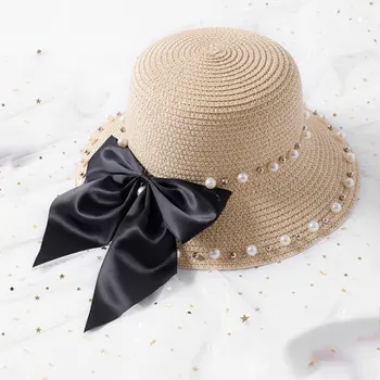 2018 módne Rodič-dieťa Lete, New British pearl lištovanie Veľký luk brimmed dievča slamený klobúk dieťa Zatienenie slnka klobúk Lady pláž hat