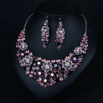 Luxusné Kvetinové Svadobné Svadobné Prom Šperky Fialová Crystal Drahokamu Náhrdelník & Náušnice Sada Pre Ženy Kúzlo Šperky
