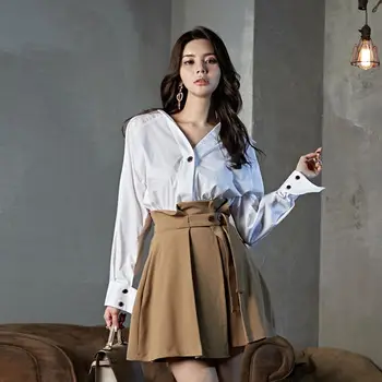 Elegantné Kórejský Módne Ženy, Dva Kusy Sady Sexy V Krku Dlhý Rukáv Biele Tričko Vysoký Pás Mini Sukne, Obleky Lady Streetwear