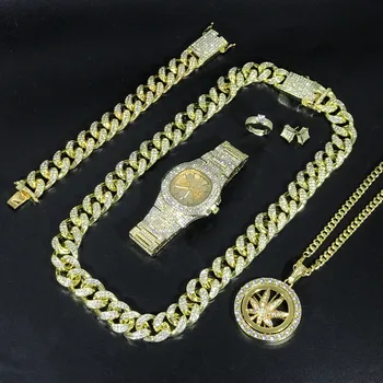 Luxusné Mužov Zlatá Farba Watch & Neckalce & Braclete & Náušnice & Krúžok Kombinovaný Set Ľadu Z Kubánskej Jewerly Crystal Miami Hip Hop Pre Mužov