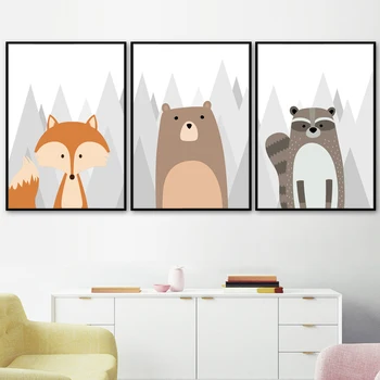Medveď, Sova Fox Mýval Škôlky Wall Art Plátno Na Maľovanie Cartoon Nordic Plagáty A Vytlačí Na Stenu Obrázky Chlapec Dievča Detská Izba Decor