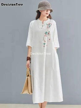 2021 čínske šaty cheongsam ženy dlho qipao šaty moderné bavlnená posteľná bielizeň cheongsam šaty polovičný rukáv výšivky cheongsam šaty